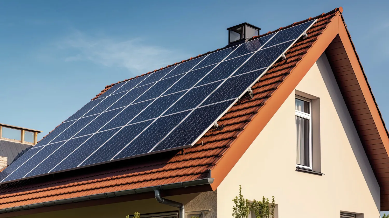 Moderne Solaranlage auf rotem Ziegeldach montiert - Energieautarkie durch PV vom Meisterbetrieb
