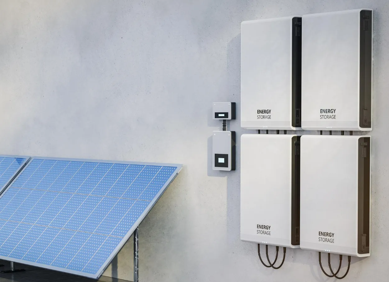 Batteriespeicher-System an Wand montiert neben Solarmodulen - Energy Storage für PV-Anlage